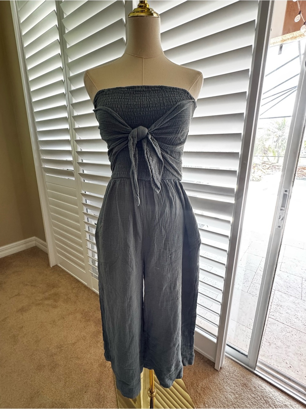 Strapless Tie-Front Wide-Leg Jumpsuit in Sage Green